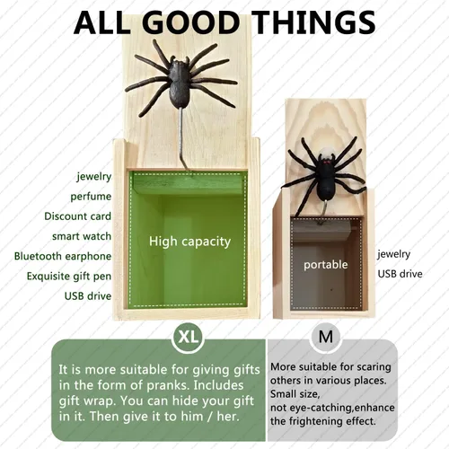 Vista 2 de PARNIXS Caja de broma de araña grande mejorada de goma, versión máxima práctica, puede contener un anillo de tarjeta de crédito, cadena de perfume