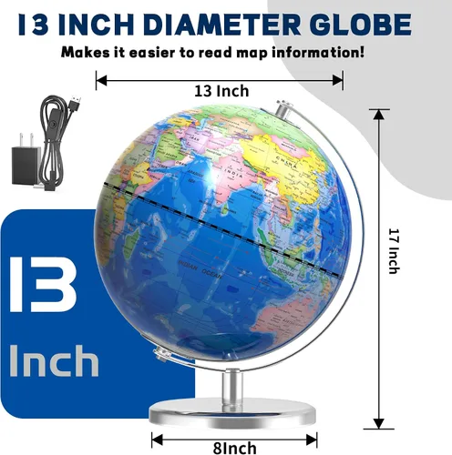 Vista 3 de Globo mundial grande de 13 pulgadas para adultos, globo educativo para niños, coloridos detalles de mapa del mundo HD para el aprendizaje