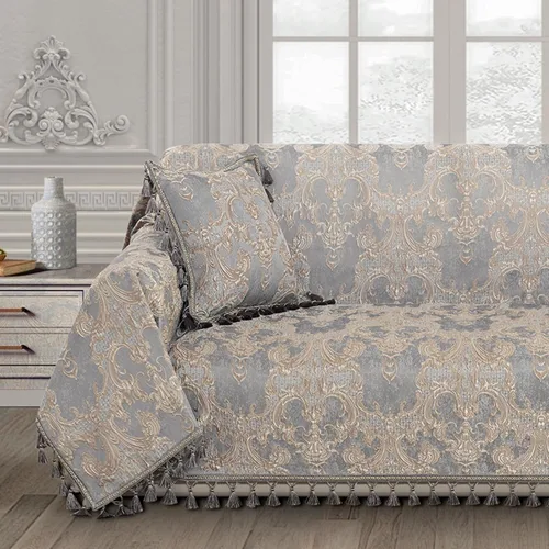Vista 12 de Loom and Mill Fundas de sofá de lujo, funda clásica de damasco jacquard grueso para sofá, protector de muebles con borde de encaje y borlas hechas a