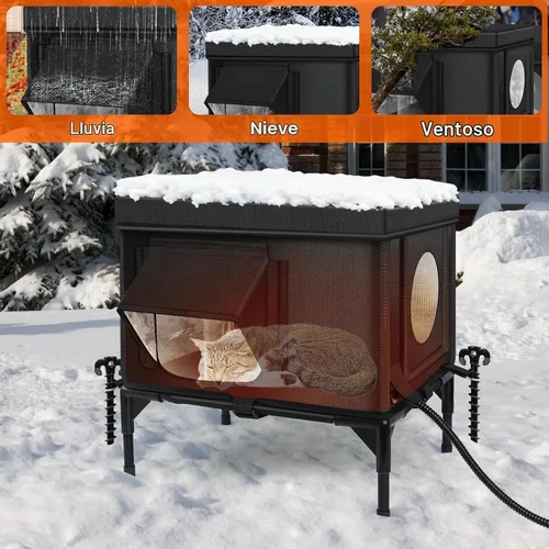 Vista 5 de Casa de gatos al aire libre climatizada resistente a la intemperie con almohadilla térmica, casa climatizada para gatos al aire libre, casas