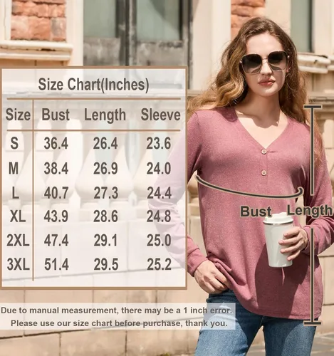 Vista 5 de BISHUIGE Camisetas de manga larga con botones para mujer, túnica Henley con cuello en V, sudadera casual