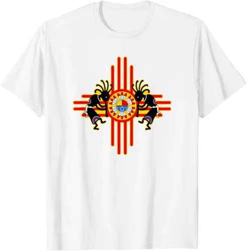 Vista 85 de Native American Kokopelli Kachina Zia Symbol 2 - Camiseta divertida para fanáticos, Negro
