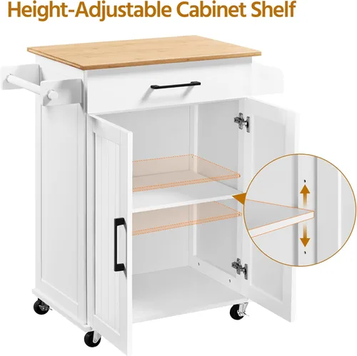 Vista 7 de Yaheetech - Carrito de isla de cocina de 32 pulgadas de ancho con almacenamiento, estante ajustable, color blanco Small Kitchen Island on Wheels