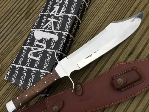 Vista 3 de Perkin Cuchillo de caza con funda de cuero, hoja de acero 440C con mango de madera de nogal