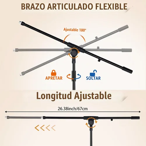 Vista 2 de Tellegloww 1 soporte para micrófono, trípode, brazo de brazo, podio, estudio, altura ajustable, 75 pulgadas, extiende el brazo a 27 pulgadas, viene