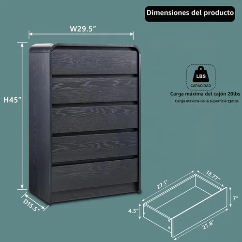 Vista 2 de Aitjunz - Cómoda moderna de 5 cajones para dormitorio, 45 pulgadas de alto, diseño de perfil curvo, cómoda vertical de madera estilo Mid-Century