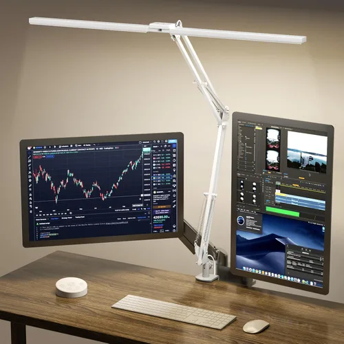 Vista 9 de SKYLEO Lámpara LED de escritorio con abrazadera, luz de escritorio de doble cabezal con control remoto y táctil, protección ocular, 12 W, 5 modos