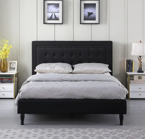 Vista 8 de Base de cama de plataforma tapizada completa con cabecera de 43.5 pulgadas de alto, cama de tela con botones, soporte de listones de madera con Gris