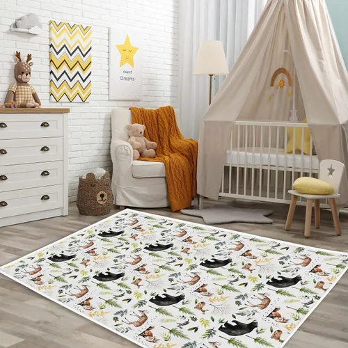 Vista 2 de Alfombra antideslizante para sala de juegos de animales del bosque, oso ciervo, zorro, conejo, pino, tapete de juego antideslizante para guardería