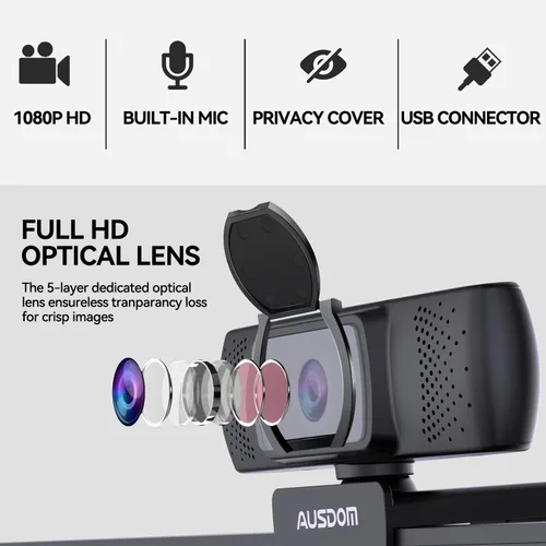 Vista 4 de AUSDOM Cámara web AF640 1080P con micrófono, cámara de PC USB 90 ° FOV con cubierta de privacidad, cámara de computadora Plug and Play para llamadas