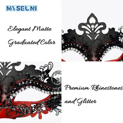 Vista 2 de MYSEUNI Máscaras de máscaras para parejas máscara veneciana de filigrana de metal brillante con diamantes de imitación y máscara veneciana