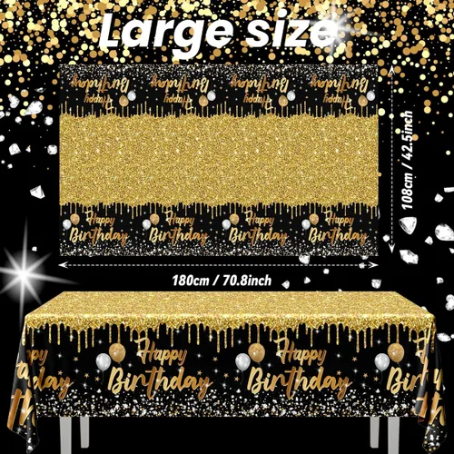 Vista 5 de Paquete de 3 Manteles de Feliz Cumpleaños Manteles Negros y Dorados Cubierta de Mesa de Plástico Mantel Rectangular de Cumpleaños para Mujeres