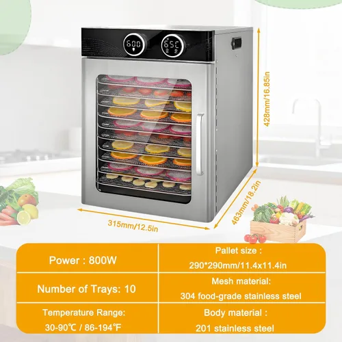 Vista 7 de Food Dehydrator Fruit Dryer Machine, Adjustable Temperature & 12H Timer Dehydrator Machine with 8 Stainless Steel Trays, 800W Jerky Dehydrator for