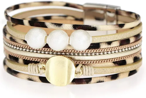 Vista 21 de Suyi Pulsera trenzada de cuero multicapa para mujer, con hebilla magnética Perla Caqui1