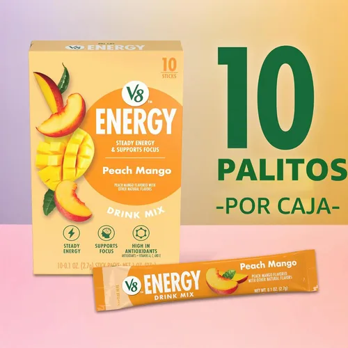Vista 3 de V8 Energy Peach Mango - Bebida energética en polvo, paquete de 0.10 onzas (10 unidades)