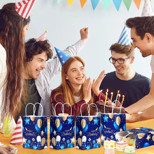 Vista 6 de Frienda 24 bolsas de regalo de cumpleaños con asas, color azul marino y dorado, bolsas de regalo de feliz cumpleaños para hombres y mujeres