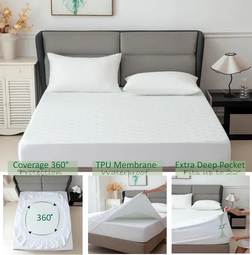 Vista 3 de Protector de colchón impermeable jacquard de bambú de alta calidad, 100% impermeable, ultrasuave y transpirable, funda de cama de enfriamiento sin