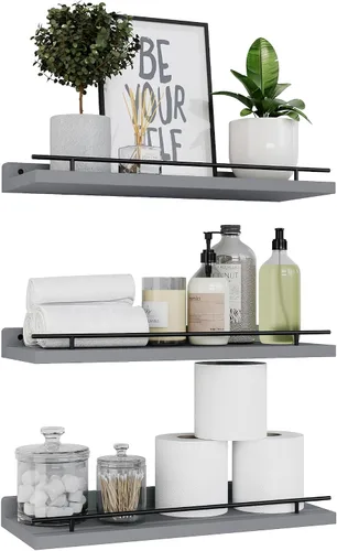 Vista 15 de WOPITUES Estantes flotantes con barandilla de metal negro, estantes para decoración de pared, juego de 3, estantes de pared para dormitorio, baño