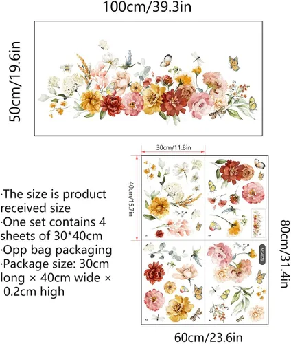Vista 4 de Runtoo Calcomanías de arte de pared de flores de peonía, acuarela, mariposa, floral, calcomanías de pared para dormitorio, sala de estar, bebé