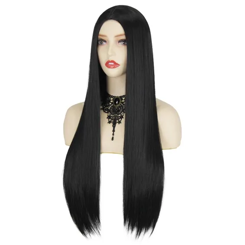 Vista 6 de CJK Peluca negra para Morticia Addams, peluca larga negra para disfraz de Morticia Addams, para mujer, con collar y aretes para Halloween, disfraz