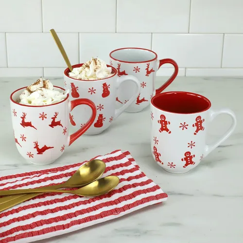 Vista 2 de Euro Ceramica Winterfest - Juego de tazas de Navidad de 4 piezas, tazas de gres navideñas estampadas a mano, patrones surtidos rojos y blancos