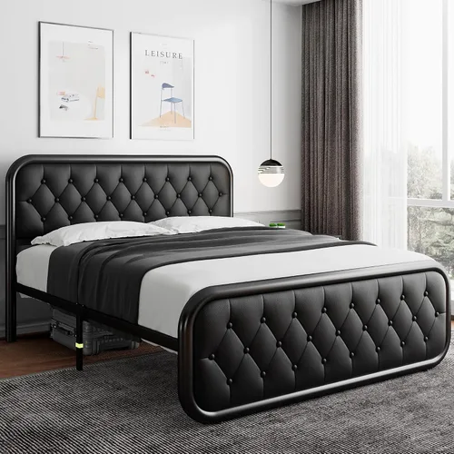 Vista 9 de iPormis Marco de cama de metal tamaño completo con cabecera de cuero, marco de cama de plataforma resistente, soporte de listones de acero metálico