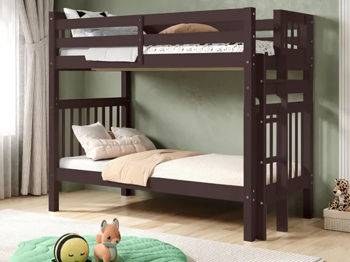 Vista 10 de Bedz King Literas altas de tamaño individual sobre individual, estilo Mission con escalera lateral y 2 cajones debajo de la cama, color cereza oscuro