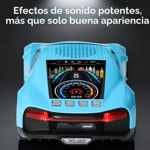 Vista 4 de WSTER Altavoz Bluetooth de lujo modelo de automóvil deportivo con sonido HD, emparejamiento estéreo TWS, pantalla de visualización, micrófono Azul