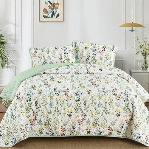 Vista 19 de Anibedding Juego de edredón botánico tamaño Full, 3 piezas reversible, elegante patrón de hojas azules, cubrecama colcha de microfibra suave
