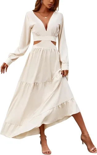 Vista 5 de LYANER Vestido largo con cuello en V profundo y manga larga abombada y corte lateral para mujer