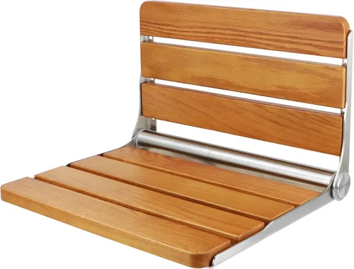 Vista 8 de Asiento de ducha plegable de teca montado en la pared, banco de ducha plegable de 16 pulgadas, carga máxima de 400 libras, diseño plegable que Blanco