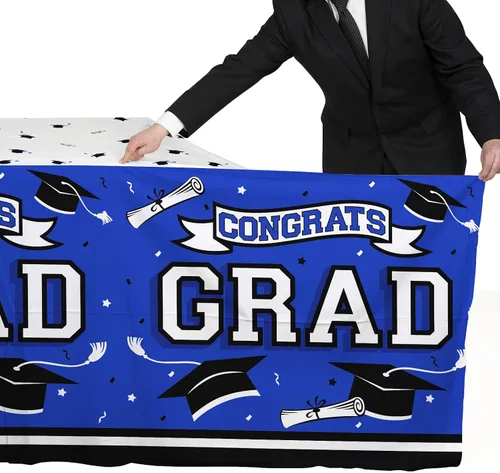 Vista 4 de Gatherfun Suministros para fiesta de graduación, mantel de graduación Gongrats para decoraciones de fiesta de graduación, 3 manteles azules