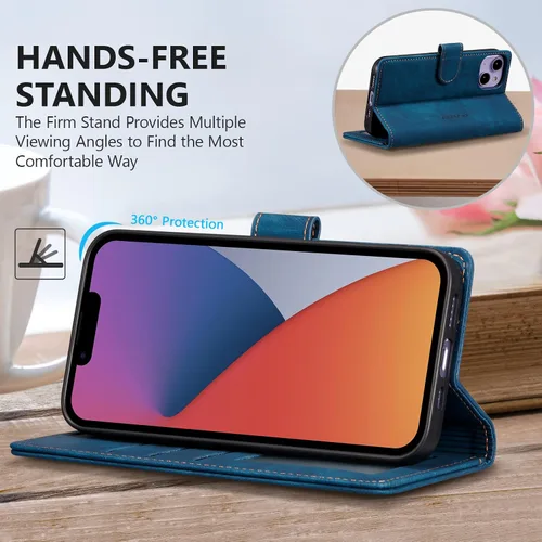 Vista 3 de QLTYPRI Funda para iPhone 13, funda de piel sintética con cierre magnético, soporte para tarjetas, función atril, a prueba de golpes, funda Azul