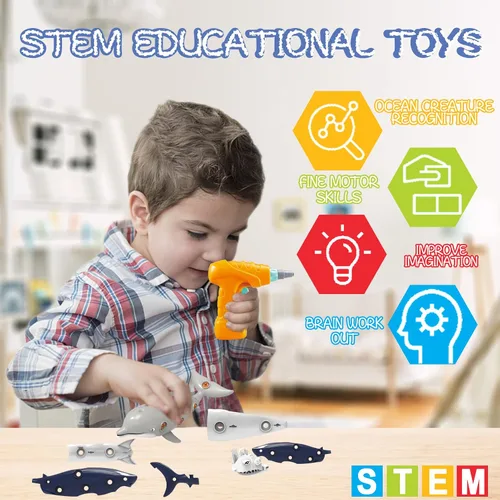 Vista 4 de KAEGREEL Juguetes de tiburón desmontables para niños, juguete de peces oceánicos desmontables con destornilladores eléctricos, juguetes