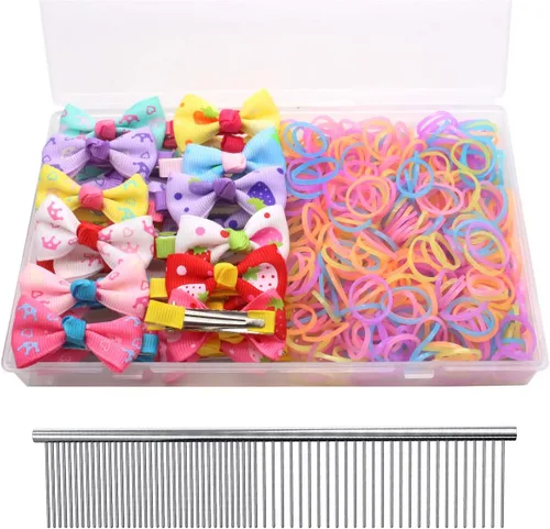 Vista 10 de YOY 20 adorables lazos para el pelo de perro con clips y 1000 bandas de goma y 1 peine de acero para peluquería, nudo superior de cachorro, moño