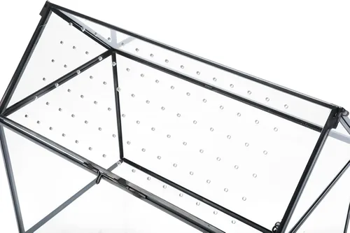 Vista 6 de HighFree Terrario geométrico de vidrio con tapa acrílica, terrario negro con forma de casa con agujeros de respiración para caracoles, suculentas