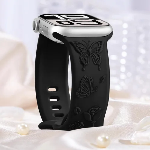 Vista 5 de Melyis Correa deportiva de silicona suave grabada con diseño floral y mariposa compatible con Apple Watch de 1.575 pulgadas, 1.614 pulgadas, 1.496