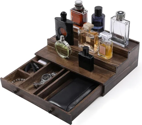 Vista 9 de Organizador de colonia Boulphia para hombre, soporte de colonia de 3 niveles con cajón y compartimento oculto, estante de madera para exhibidor