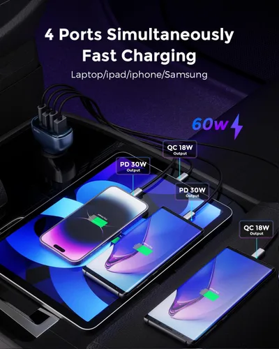 Vista 4 de SUNDA Cargador de Coche USB C Rápido de 60 W, Adaptador de Carga de Coche de 4 Puertos, Dual Tipo C PD30W/PPS30W Compatible con iPhone 17/16