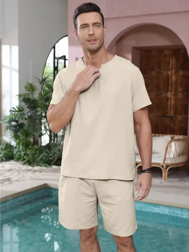 Vista 3 de Lexiart Conjunto de 2 piezas de algodón y lino para hombre, camisa de manga corta con cuello en V, pantalones cortos de playa, trajes de yoga
