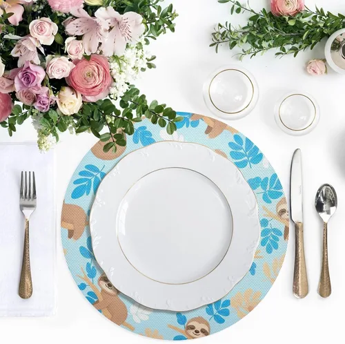 Vista 5 de Cute Cartoon Sloths Blue Round Table Placemats, Heat Resistant Non Slip Placemats Round for Kitchen one sizex1