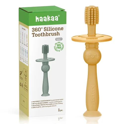 Vista 10 de haakaa Cepillo de dientes para bebé de 360° con base de succión - Limpieza suave para entrenamiento de autocepillado de niños pequeños, silicona