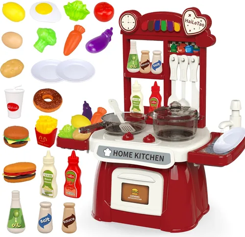 Vista 7 de Juego de cocina para niños pequeños con sonido y luz, juego de comida de cocina de simulación, juego de cocina para niños, fregadero de juego