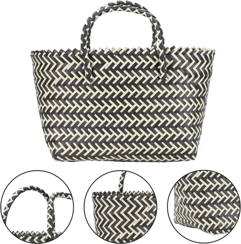 Vista 7 de Zerodeko 1 unid bolso hecho a mano bolsas de plástico bolsa de rayas de moda bolsa de gran capacidad, Negro