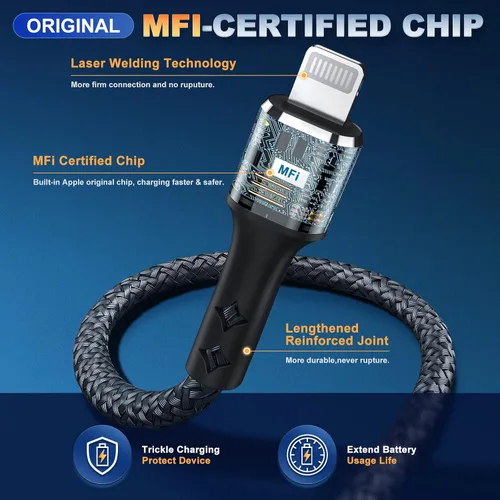 Vista 2 de Paquete de 2 cargadores de iPhone de 3 pies para Apple MFi, cable Lightning trenzado de nailon fuerte, cable de carga USB rápida de 2.4 A