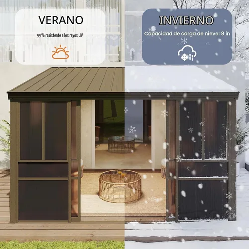 Vista 6 de Aoxun Solárium montado en la pared de 10 x 12 pies, solárium de aluminio cerrado inclinado a cenador con techo inclinado de acero galvanizado
