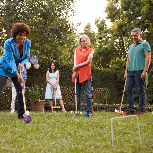 Vista 7 de Gemscream Juego de Croquet para 6 jugadores para adultos, kit de juego de Croquet con soporte de madera para patio trasero, juegos al aire libre
