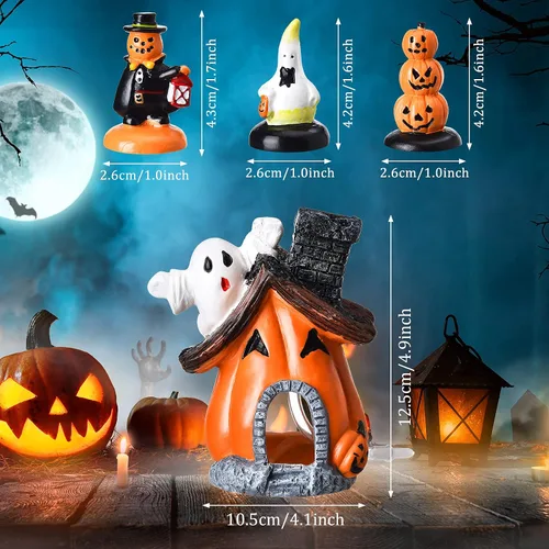 Vista 2 de Blulu 4 piezas de decoraciones de Halloween para pecera, figuras en miniatura para interiores y exteriores, resina, fantasma, calabaza, casa