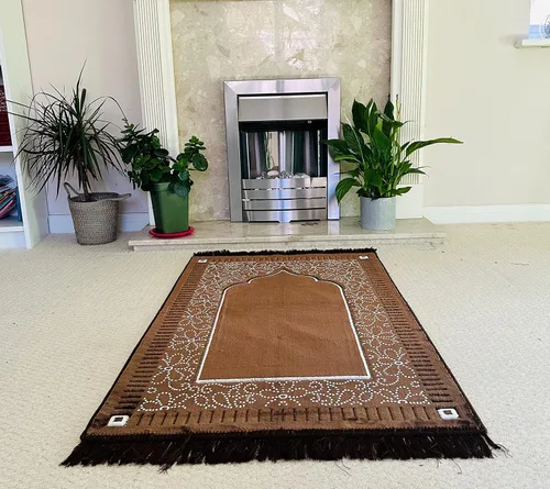 Vista 5 de Mihrab - Tapete de oración de terciopelo de lujo con estampado, 26.46 oz, peso Fabricado en Turquía (café)