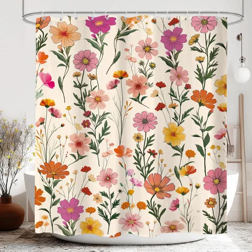 Vista 8 de Cortina de ducha floral gris y rosa de 72x72 pulgadas, flores de cerezo en rosa polvoriento y flores llorosas en primavera, tela impermeable